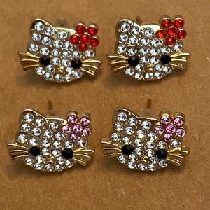 ⭐ 3/$15 ⭐ HELLO KITTY Rhinestone Gold Stud Earrings *2 Pairs* ~ NEW